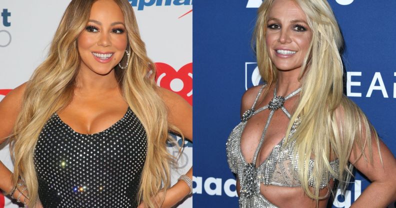 Side by side images of Mariah Carey, wearing a sparkly silver and black outfit, with a photo of Britney Spears, wearing a sparkly dress