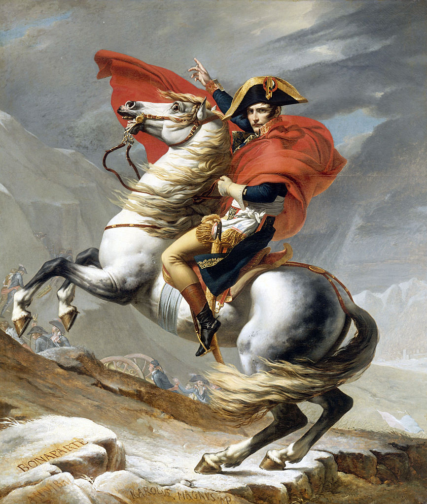 An oil portrait showing Napoleon on a horse.