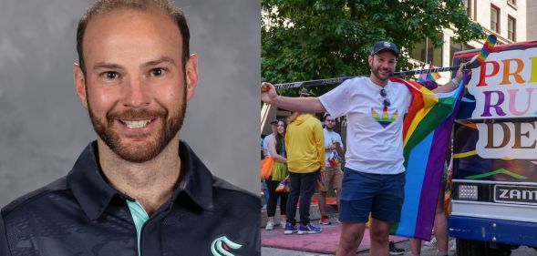 Side by side photographs of NHL trainer Justin Rogers, who recently came out as gay, wearing a Seattle Krakens uniform and then LGBTQ+ Pride coloured clothing
