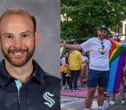 Side by side photographs of NHL trainer Justin Rogers, who recently came out as gay, wearing a Seattle Krakens uniform and then LGBTQ+ Pride coloured clothing