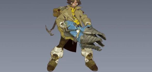 Concept art of non-binary Overwatch character Venture, who is wearing brown and black clothing while carrying a large drill weapon