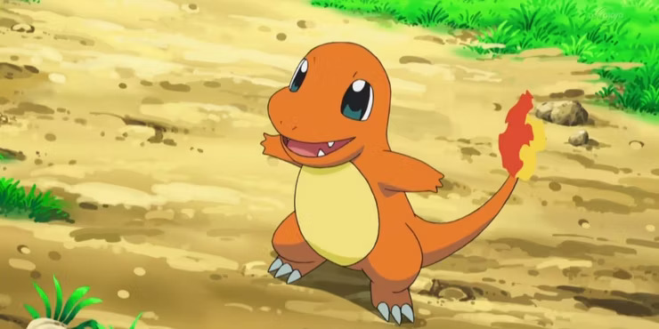 Image shows Charmander, a salamander-like Pokemon with a firey tail