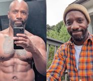 Race Cooper pictured on the left shirtless in a gym. He is taking a selfie in the mirror in the photograph and lockers can be seen in the background. On the right, Race is pictured outdoors wearing a woollen hat and an orange and red plaid shirt.