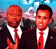 A graphic composed of images of Republican presidential hopefuls Tim Scott and Vivek Ramaswamy at a debate with a picture of Dr Marci Bowers performing a gender-affirming surgery for a trans person