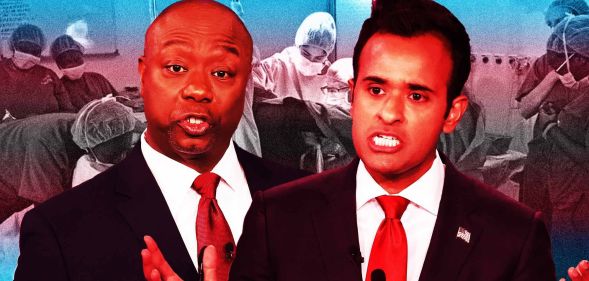 A graphic composed of images of Republican presidential hopefuls Tim Scott and Vivek Ramaswamy at a debate with a picture of Dr Marci Bowers performing a gender-affirming surgery for a trans person