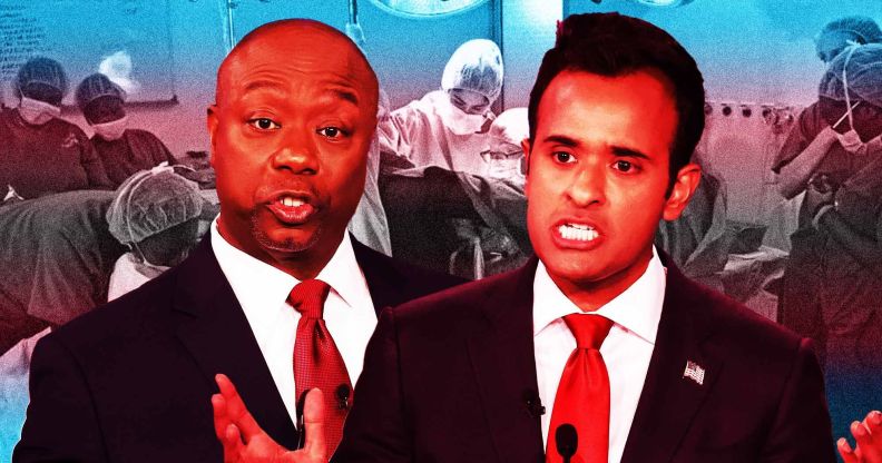 A graphic composed of images of Republican presidential hopefuls Tim Scott and Vivek Ramaswamy at a debate with a picture of Dr Marci Bowers performing a gender-affirming surgery for a trans person