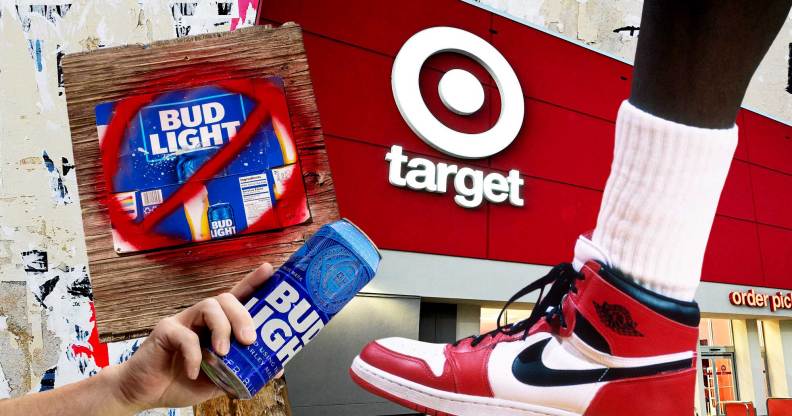 This is a collage image featuring the Target store logo, cans of bud light beer and Nike shoes