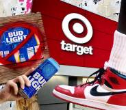 This is a collage image featuring the Target store logo, cans of bud light beer and Nike shoes