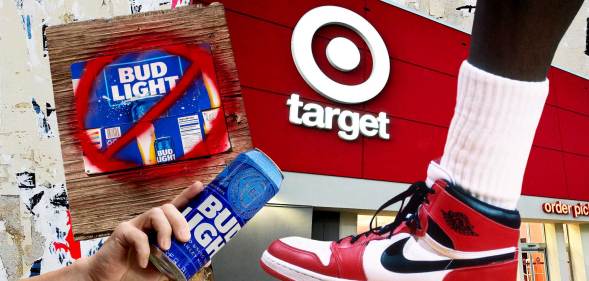 This is a collage image featuring the Target store logo, cans of bud light beer and Nike shoes