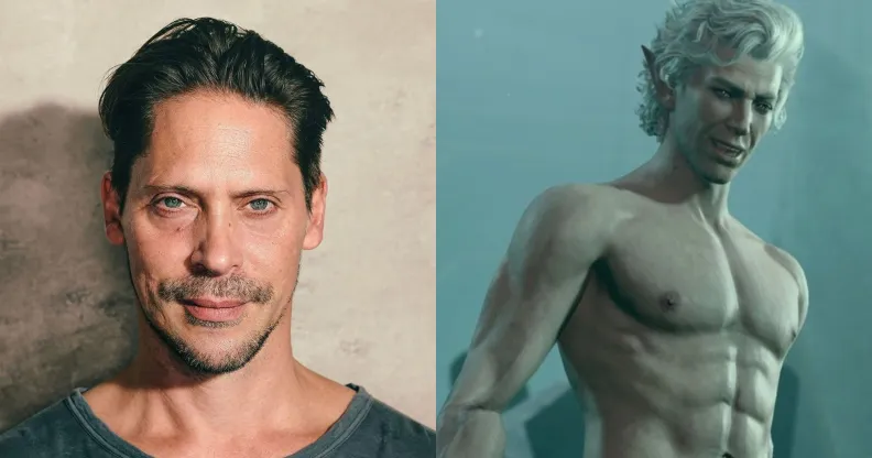 A split image, on the left is Neil Newbon, wearing a grey t-shirt and smiling, looking directly at the camera. On the right is a screenshot of Astarion from Baldur's Gate 3. He is shirtless and looking down at something.