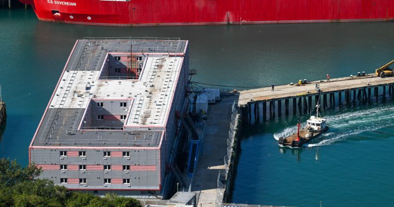 The Bibby Stockholm immigration barge in Portland Port