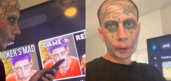 A split image of Lawrence Sullivan pointing towards a video game character he claims looks like him.