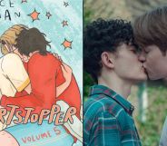 The front cover of Alice Oseman's Heartstopper volume five (left) and Nick and Charlie, played by Kit Connor and Joe Locke, kissing in Heartstopper series on Netflix.
