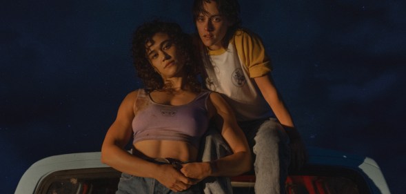 Katy O'Brian (L) and Kristen Stewart (R) star in trailer for Love Lies Bleeding.