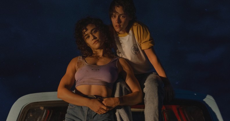 Katy O'Brian (L) and Kristen Stewart (R) star in trailer for Love Lies Bleeding.