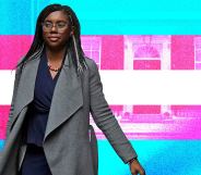 An edited image shows Kemi Badenoch walking outdoors against an edited background showing pink and blue colours.