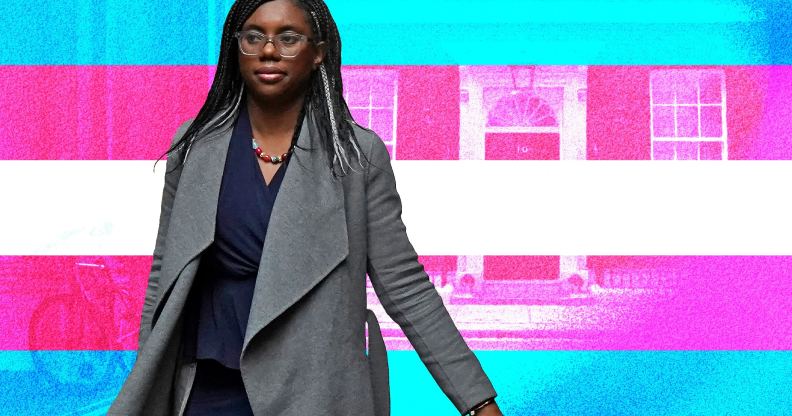 An edited image shows Kemi Badenoch walking outdoors against an edited background showing pink and blue colours.