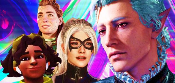 A graphic with a swirly rainbow background that depicts several LGBTQ+ video game characters that we were introduced to in 2023