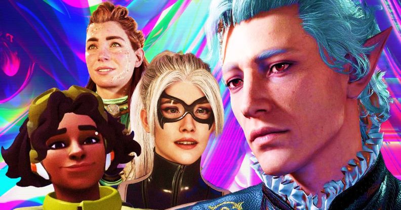 A graphic with a swirly rainbow background that depicts several LGBTQ+ video game characters that we were introduced to in 2023