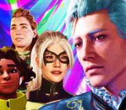 A graphic with a swirly rainbow background that depicts several LGBTQ+ video game characters that we were introduced to in 2023