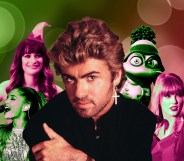 Ariana Grande, Rachel Berry, George Michael, Crazy Frog, Taylor Swift against a pink and green background.