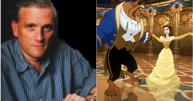 Composite image shows a photo of Howard Ashman on the left, seated and wearing a blue shirt, on the right a scene from the cartoon Beauty and The Beast that shows the Beast and Belle dancing in a candlelit ballroom.