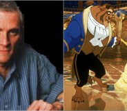 Composite image shows a photo of Howard Ashman on the left, seated and wearing a blue shirt, on the right a scene from the cartoon Beauty and The Beast that shows the Beast and Belle dancing in a candlelit ballroom.