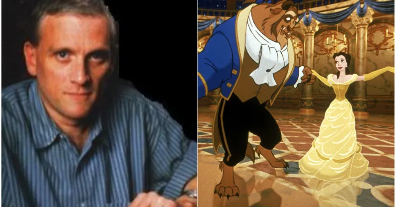 Composite image shows a photo of Howard Ashman on the left, seated and wearing a blue shirt, on the right a scene from the cartoon Beauty and The Beast that shows the Beast and Belle dancing in a candlelit ballroom.