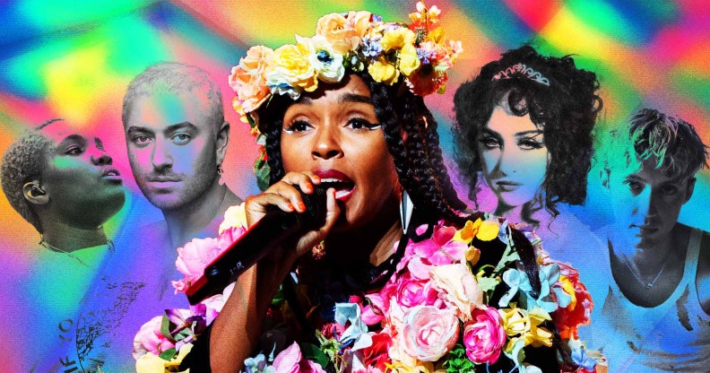 Arlo Parks, Sam Smith, Janelle Monae, Chappell Roan and Troye Sivan against a rainbow coloured background.