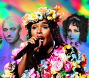 Arlo Parks, Sam Smith, Janelle Monae, Chappell Roan and Troye Sivan against a rainbow coloured background.