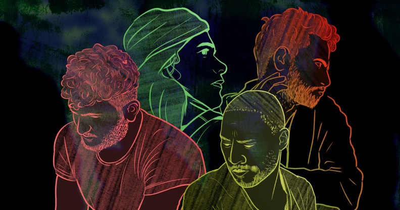 This illustration shows four LGBTQ+ refugees drawn in different colours set against a black background.