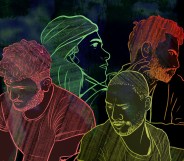 This illustration shows four LGBTQ+ refugees drawn in different colours set against a black background.