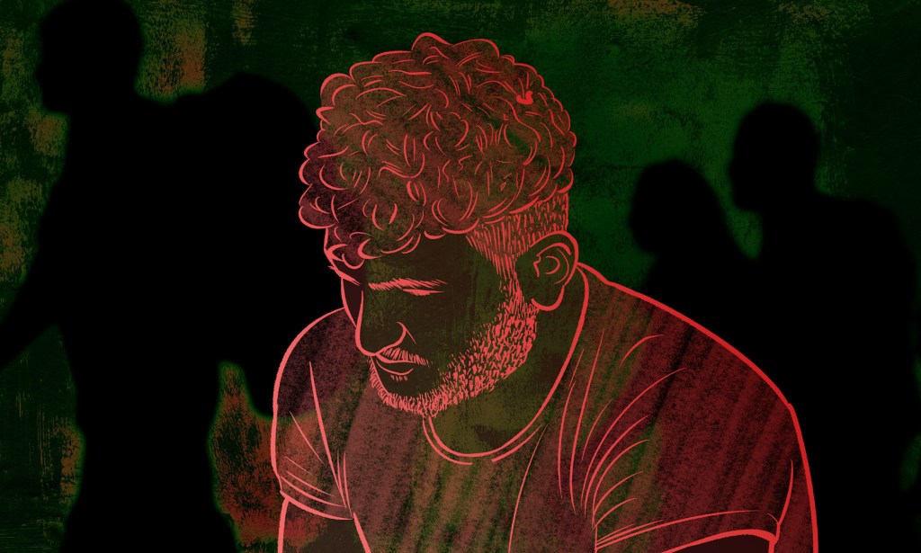 This illustration shows a gay Iraqi man set against a black backdrop and animated in red.