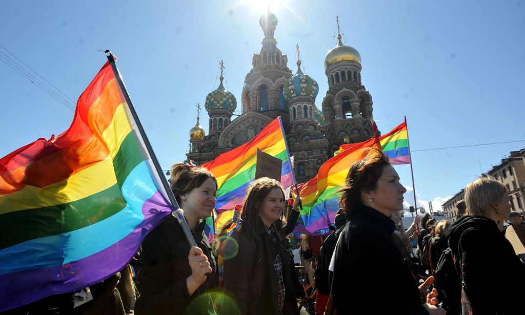 LGBTQ+ rights activists during a protest in St. Petersburg.