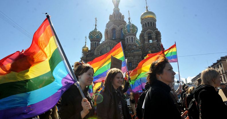 LGBTQ+ rights activists during a protest in St. Petersburg.