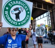 Starbucks workers protest outside of a local chain.