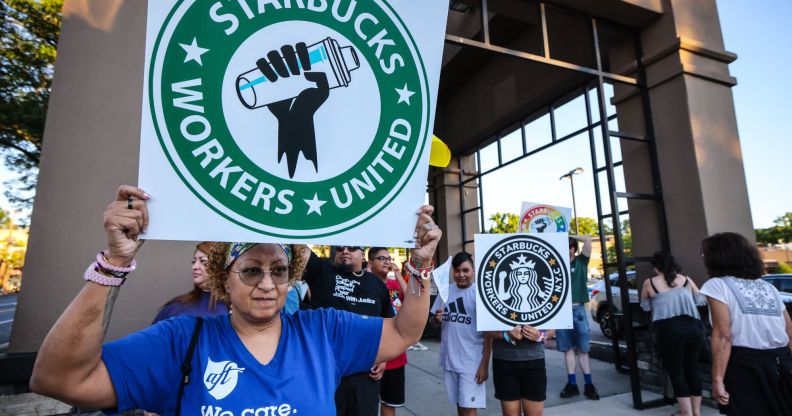 Starbucks workers protest outside of a local chain.