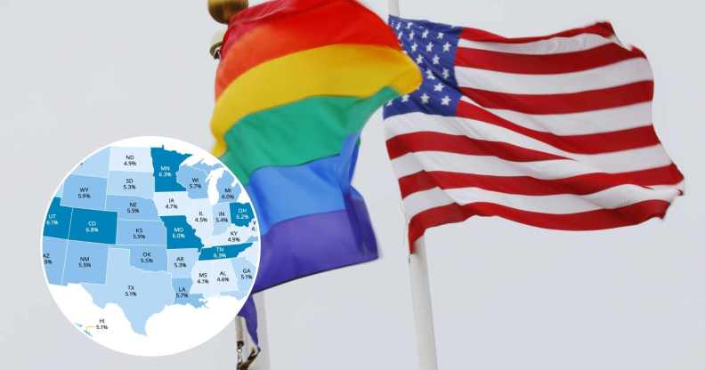 An LGBTQ+ Pride flag and American flag next to a state map of the US