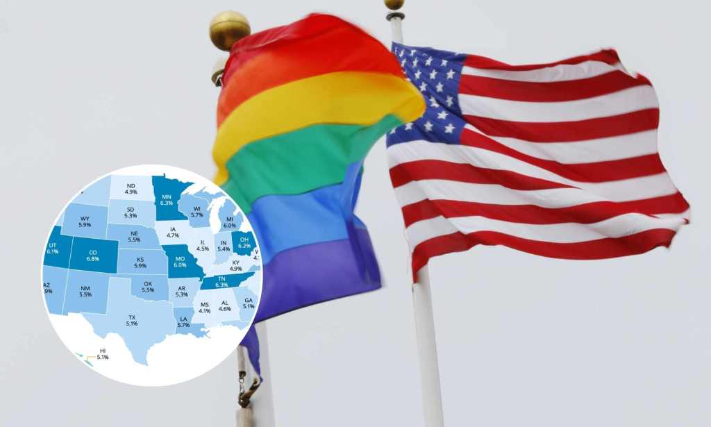 An LGBTQ+ Pride flag and American flag next to a state map of the US