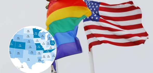 An LGBTQ+ Pride flag and American flag next to a state map of the US