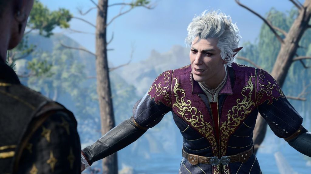 Astarion from Baldur's Gate 3. He is stood outside, bowing slightly, with his arms spread out beside him.