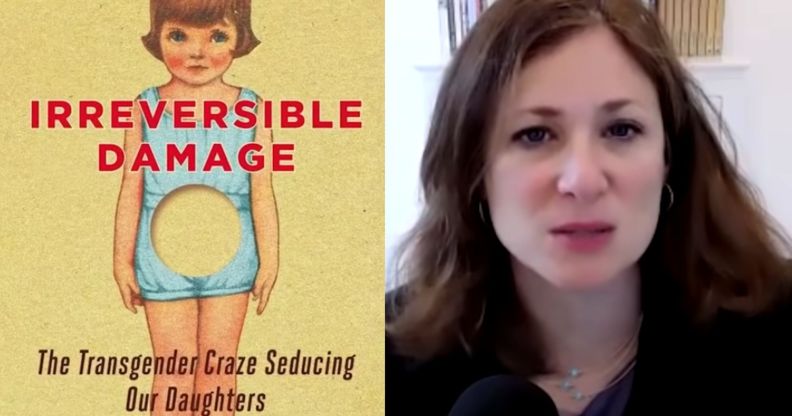A side by side image of the book cover of Irreversible Damage and a screen shot from an interview that the book's author, Abigail Shrier, did online.