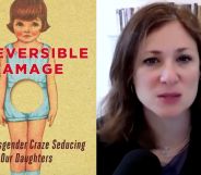A side by side image of the book cover of Irreversible Damage and a screen shot from an interview that the book's author, Abigail Shrier, did online.
