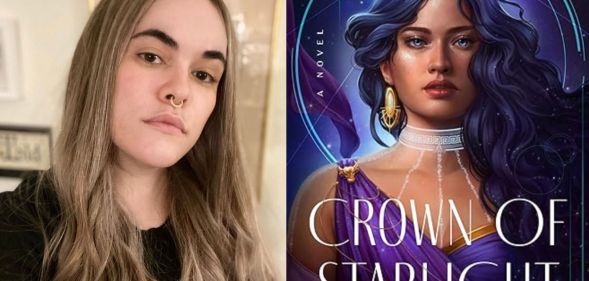 A side by side image of author Cait Corrain alongside their debut novel Crown of Starlight