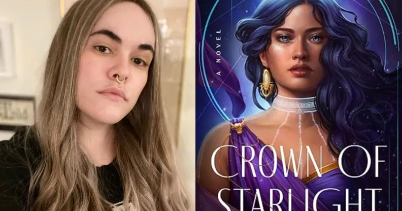 A side by side image of author Cait Corrain alongside their debut novel Crown of Starlight