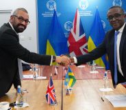 British Home Secretary James Cleverly (L) and Rwandan Minister of Foreign Affairs Vincent Biruta hold a bilateral meeting after they signed a new treaty with Rwanda on December 5, 2023 in Kigali, Rwanda. The treaty will address concerns by the Supreme Court, including assurances that Rwanda will not remove anybody transferred under the partnership to another country.
