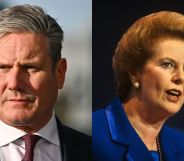 On the left is a picture of Keir Starmer outdoors wearing a suit and looking away from the camera. On the right is a picture of Margaret Thatcher speaking at the party conference in the 1980s wearing blue.