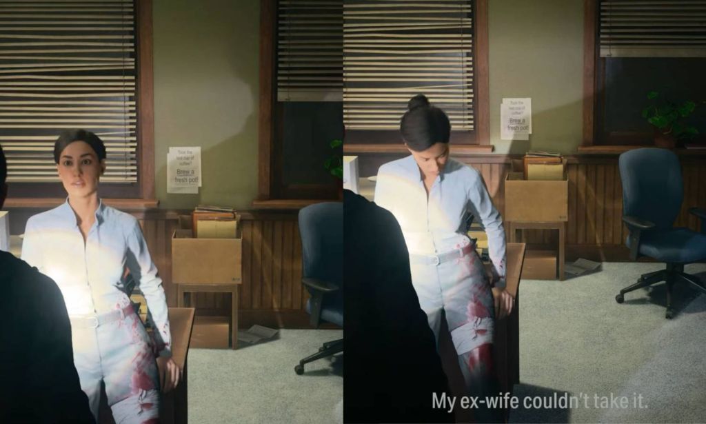 A screenshot from the Alan Wake II video game of LGBTQ+ character Kiran Estevez discussing having an ex-wife