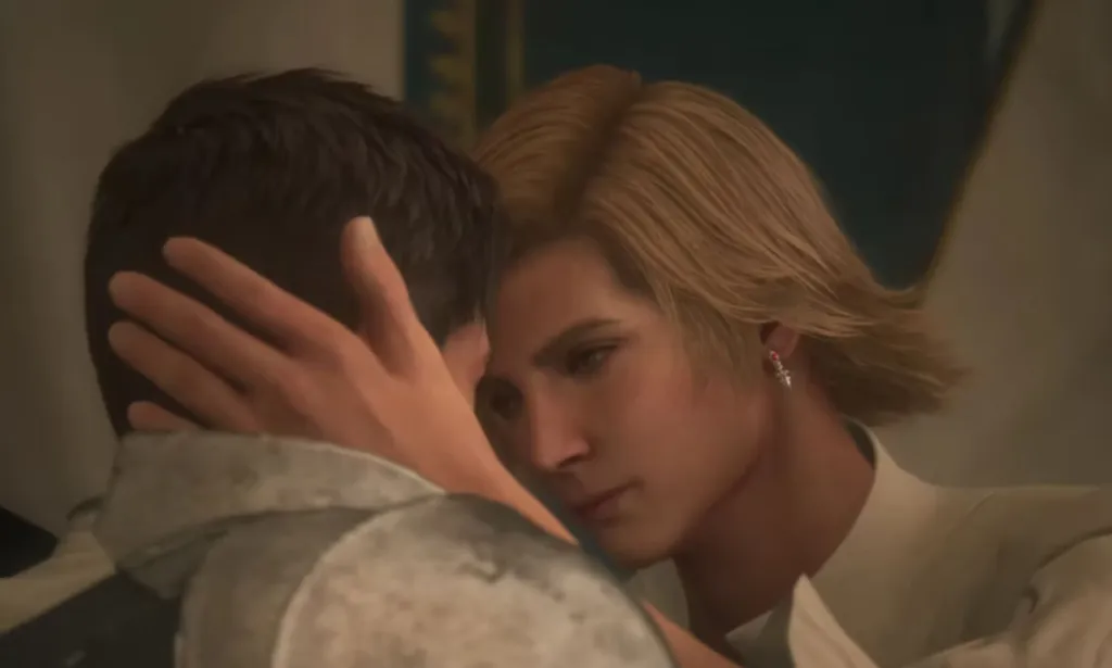 A screenshot from a video game of LGBTQ+ characters Imperial Prince Dion Lesage and Sir Terence about to kiss in Final Fantasy XVI