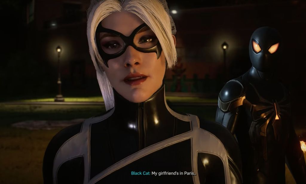 A screenshot from the Marvel's Spider-Man 2 video game of LGBTQ+ character Black Cat, who is wearing a black and white outfit, discussing her girlfriend